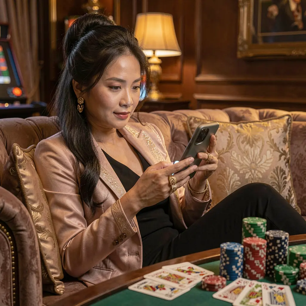 Confident Vietnamese woman relaxing on a sofa while using the H19 casino app with glowing chips and cards creating a premium mobile gaming mood