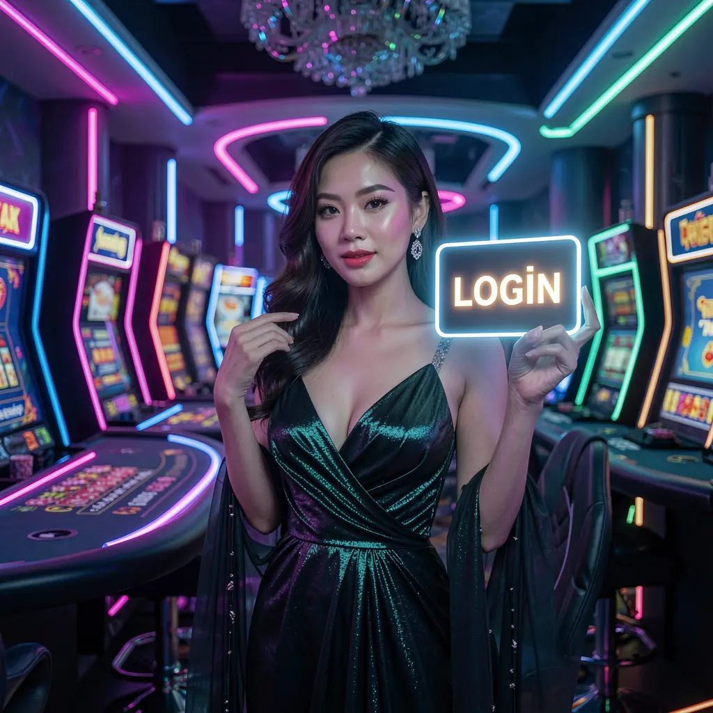 Elegant Vietnamese woman in a luxurious gown holding a glowing login card inside a futuristic H19 casino setting