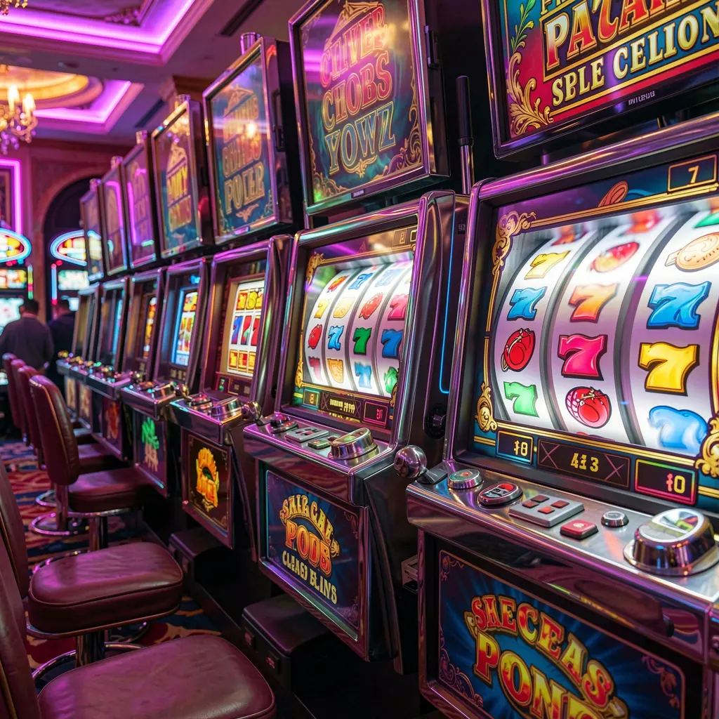 A vibrant row of modern slot machines with bright screens and spinning reels in a neon lit casino atmosphere at H19 online casino for players in Vietnam